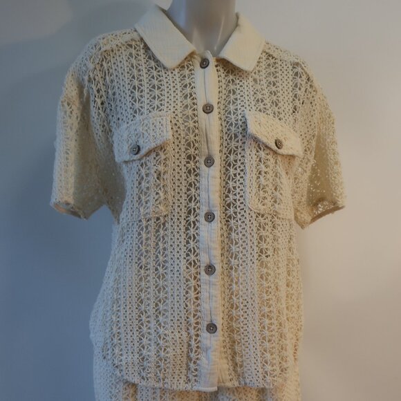 Women Benaar LA Jeiley Cream 2Pc Set Crochet Gauzy Contrast Collared Top Short M - Picture 6 of 13
